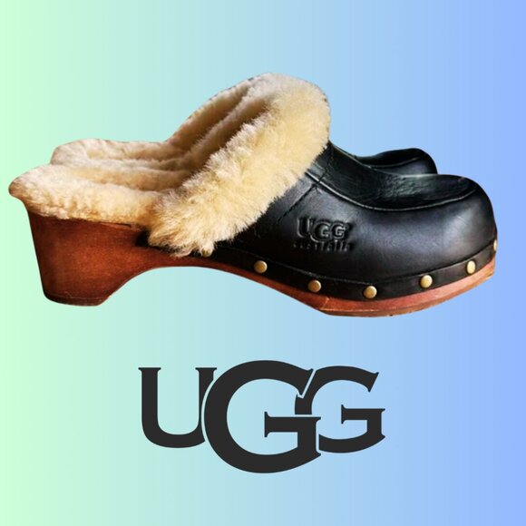 UGG Shoes - UGG Kalie Genuine Black Leather Sheepskin Lined Wooden Clogs Logo Women Size 10